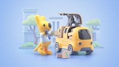 a yellow toy truck with an animal figure next to it