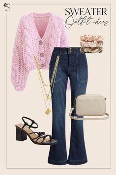 Sweater Outfit Ideas - Dressed Up Jeans Light Pink Sweater Outfit, Style Pink Sweater, Light Pink Outfit, Pink Sweater Outfit, Autumn Outfits Curvy, Colored Dress Pants, Sweater Outfit Ideas, Bulky Sweater, Light Pink Sweater