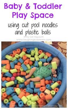 baby and toddler play space using cut pool noodles and plastic balls with text overlay