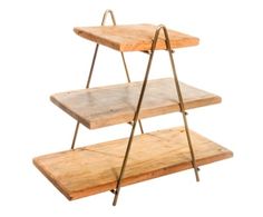 three tiered wooden shelf with metal handles on each side and two shelves below it