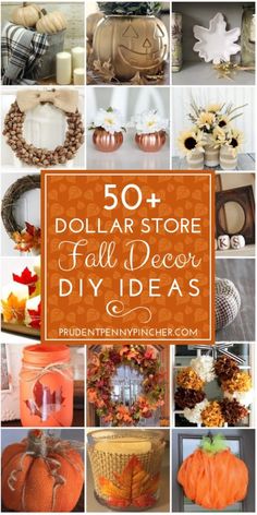 pumpkins and other fall decorations with the words 50 dollar store fall decor diy ideas