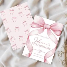 two birthday cards with pink bows on them