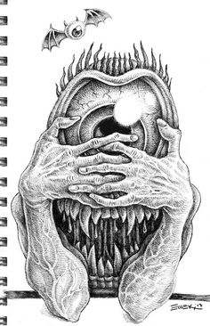 a drawing of a monster's head with its mouth open