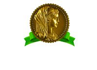 a gold coin with a green ribbon around it