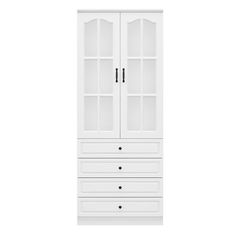 a white cabinet with drawers and doors