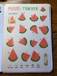 an open notebook with watermelon slices drawn on it and the words mood trackerr next to it