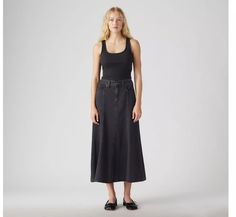 Fit And Flare Skirt - Black | Levi's® US Relaxed Fit Midi Skirt For Daywear, Flattering Spring Flowy Skirt, Flattering Flowy Skirt For Spring, Flattering Flowy Bottoms For Spring, Flattering Flared Skirt For Spring, Flattering Spring Midi Skirt, Modern Long Skirt For Spring, Modern Skirt For Spring, Modern Flared Skirt For Summer