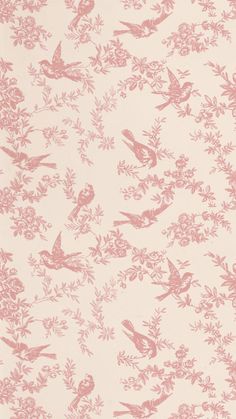 a pink and white wallpaper with birds on it