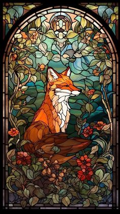 a stained glass window with a fox sitting on the ground in front of trees and flowers