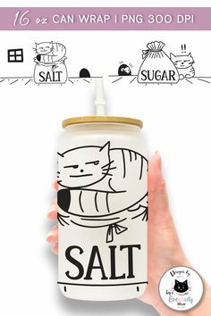 a hand holding a can with an image of a cat on it and the words salt written