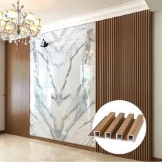 a room with marble walls and wooden slats