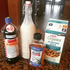 the ingredients to make almond milk are on the counter