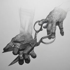 a pencil drawing of two hands holding scissors