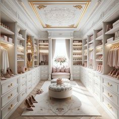 a large walk in closet with lots of white furniture and gold trim on the ceiling