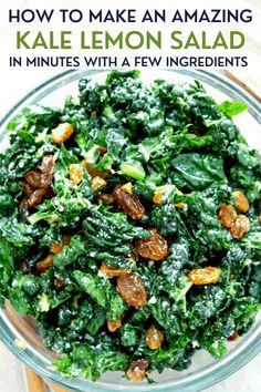 kale salad in a glass bowl with text overlay