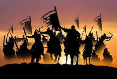 the silhouettes of people on horses holding flags are shown in front of an orange sky