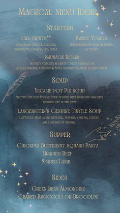 the menu for an event with blue and gold paint on it, including stars in the sky