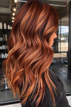 Red Caramel Blonde Highlights, Cinnamon Melt Hair Color, Red Hair Golden Highlights, Red With Dimension, Red Hair With Blonde And Brown Highlights, Red Hair With Darker Highlights, Maroon Lowlights Blonde Hair With, Natural Fun Hair Color, Fall Hair Colors For Auburn Hair