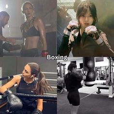 four different pictures of women in the gym, one with boxing gloves and another with boxing gloves