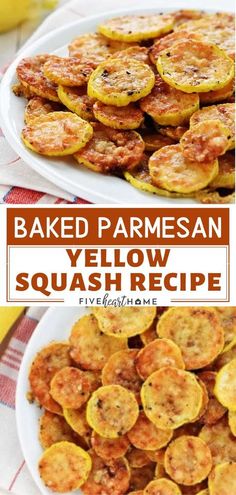 baked parmesan yellow squash recipe on a white plate with bananas in the background