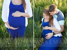 a pregnant couple cuddles in the tall grass while holding each other's belly