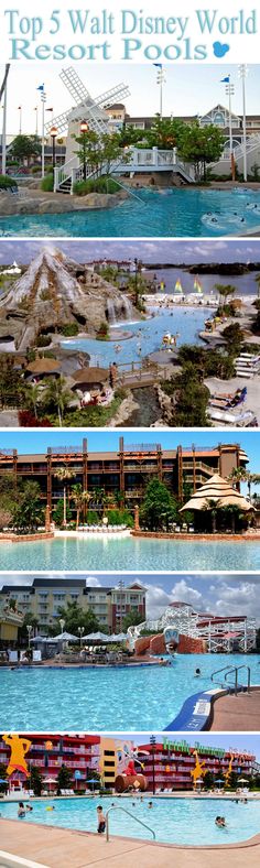 the top 5 walt world resort pools are shown in this collage, and below