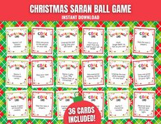 christmas saan ball game with the words, 30 cards included in red and green