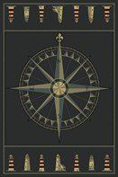 an image of a compass and lighthouses on a black background with gold trimming