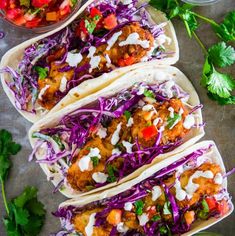 chicken tacos with coleslaw, salsa and cilantro on the side