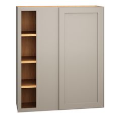 an open cabinet with shelves and doors on each side, in light grey color scheme