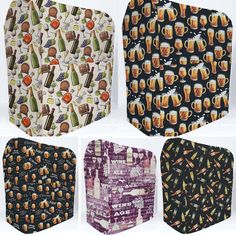 four different neckties with beer images on them, one in black and the other in purple