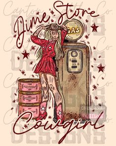 a drawing of a girl leaning on a gas pump with her arms behind her head