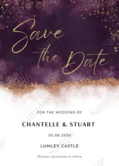 save the date card with purple and gold glitters on it, in front of a dark