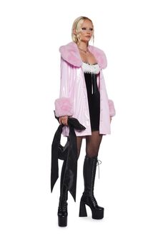 cuz you're returning to school in diva mode. This trench coat has a patent vegan leather construction, faux fur collar and cuffs, an adjustable buckle belt, front button closures, roomy side pockets, and a satin lining. Patent Trench Coats, Halloween Costume Boots, Pink Fur Coat, Costume Boots, Booties Outfit, Sassy Outfit, Sugar Thrillz, Pink Fur, Pride Outfit