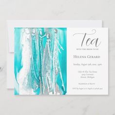 $1.98 | Blue Bridal Shower Tea Party Invitation | Bridal Shower Invitations | turquoise blue, teal aqua, bridal tea party, wedding shower, white silver, bohemian, boho, unique eclectic, mermaid colors, joyful Blue Bridal, Mermaid Coloring