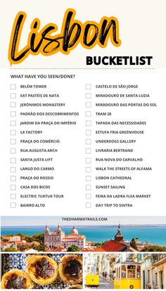 a list with words and pictures on it that says lisbon bucketlist in spanish