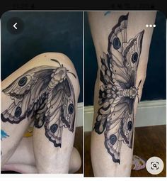 a woman's thigh with butterfly tattoos on it and the bottom half of her leg