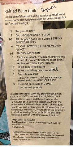 the menu for refried bean chilli comes with instructions to make it tasteful and delicious