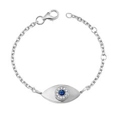 The handcrafted Baby Gold Collection Evil Eye bracelet is hand set with approximately 0.05ct of sapphire and 0.05ct of diamonds. 

Size: 6.2mm x 13 mm Eye
Approx. 0.05cts of diamonds
High 
Quality G-H Color VS2-SI1 Clarity Natural Diamond

0.05ct blue sapphire
Lifetime Guarantee
Made in Los Angeles Sterling Silver Diamond Bracelet With Single Cut Diamonds, Fine Jewelry Cubic Zirconia Diamond Bracelet With Polished Finish, Sterling Silver Bracelets With Pave Setting In Diamond White, Formal White Gold Bracelet With Birthstone, Sterling Silver Diamond Bracelet As Gift, Formal White Gold Birthstone Bracelet, Formal Fine Jewelry Diamond Bracelet With Birthstone, Sterling Silver Diamond Bracelet With Gemstone, Diamond Bracelets With Polished Finish