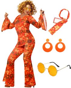 a woman in an orange jumpsuit and sunglasses with her hands on her hippies