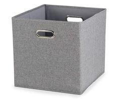 a gray fabric storage bin with handles on the front and bottom, open to reveal a handle