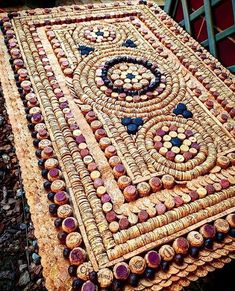 a table made out of wine corks on the ground