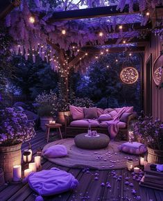 an outdoor living area with purple lighting and wistery trees on the roof, surrounded by potted plants