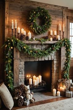 a fireplace decorated with candles and wreaths