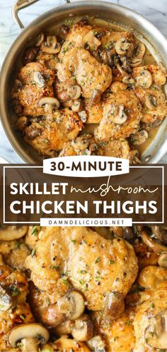 skillet filled with chicken thighs and mushrooms