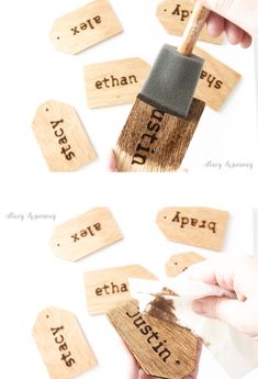 someone is holding a paintbrush over some wood pieces with words on them and the word brush written in different languages