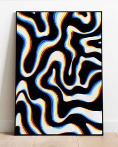 a black and white abstract painting with multicolored lines