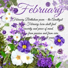 purple and white flowers are in a vase on a table with the words, february