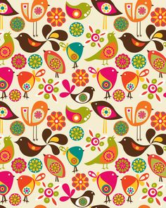 colorful birds and flowers are on a white background with brown, green, red, orange, and yellow colors