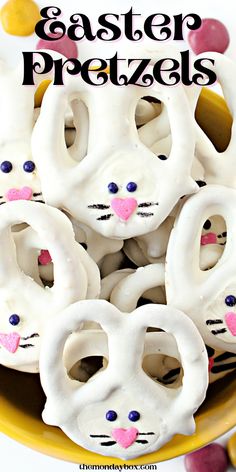 easter pretzels in the shape of cats on a plate with text overlay